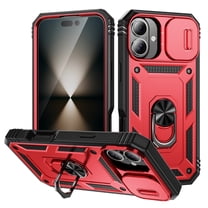 Military Grade Drop Impact for iPhone 16 Plus Camera Lens Slide Protection Case 360 Metal Rotating Ring Kickstand Holder Armor Shockproof Case For iPhone 16 Plus, Black Red
