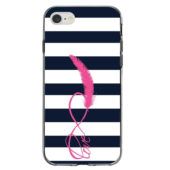 DistinctInk Clear Shockproof Hybrid Case for iPhone 7 8 SE (2020 Model) 4.7" Screen TPU Bumper Acrylic Back Tempered Glass Screen Protector - Navy White Stripes Pink Love - Chevron Stripes Pattern