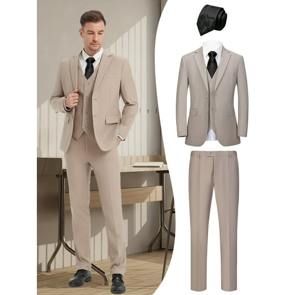 Beauty-Emily Men’s 4-Piece Business Suit Set, Jacket, Vest, Pants and Black Tie, Formal Office and Interview Attire