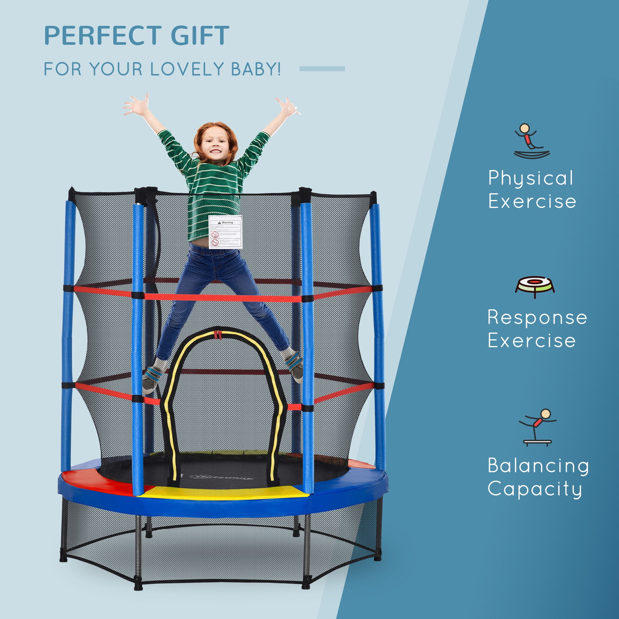 Outsunny 5FT Kids Trampoline with Enclosure Net, Springless, Safety Pad and Steel Frame for Indoor, Toddler Round Bouncer, Mixed Color
