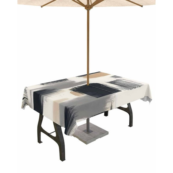 Outdoor Tablecloth with Umbrella Hole & Zipper, Black Geometric Rectangle Tablecloth 60x84 Inch, Grey Modern Vintage Artwork Patio Table Cover Waterproof Table Cloth for Picnic/Party