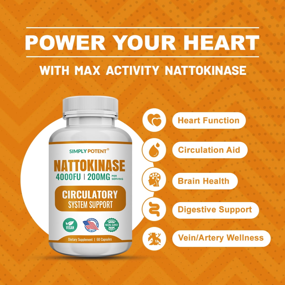 Simply Potents Nattokinase 4000 FU Capsules for Heart Circulation Blood Vascular Support Antioxidant Fibrinolytic 60