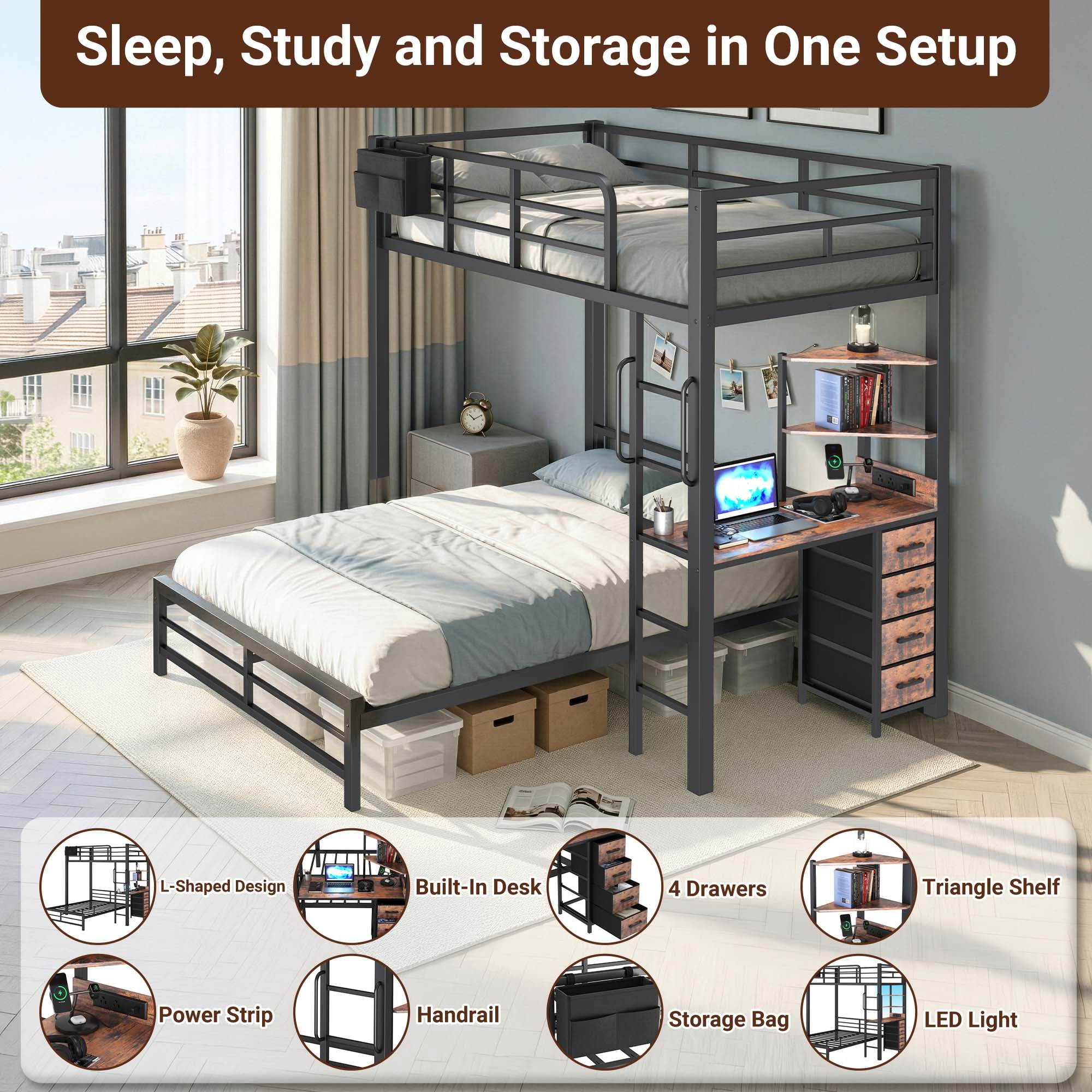 Miniyam Twin over Full Metal Bunk Bed with Desk and Storage, White