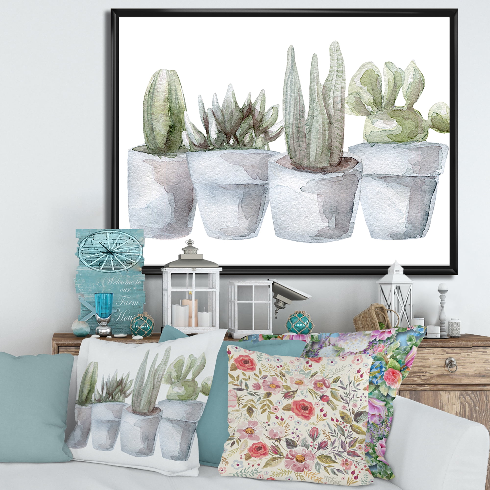 Designart 'Succulent and Cactus House Plants V' Farmhouse Framed Canvas Wall Art Print
