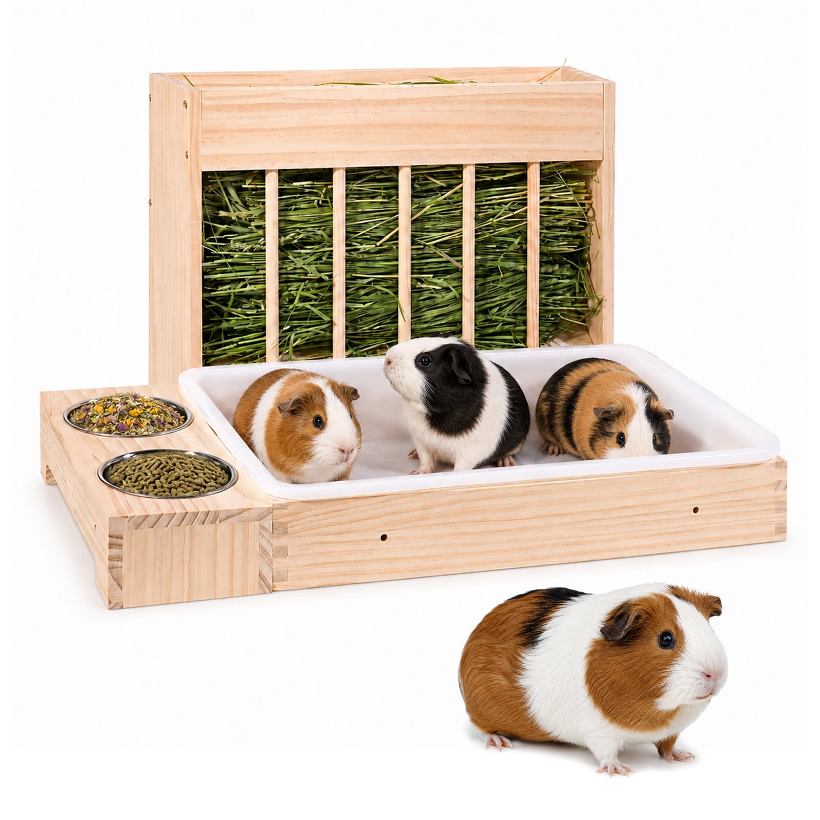 3-in-1 Wooden Guinea Pig Hay Feeder with Litter Box & Bowls, Space-Saving Small Animal Feeding Station for Guinea Pigs, Rabbits, Chinchillas
