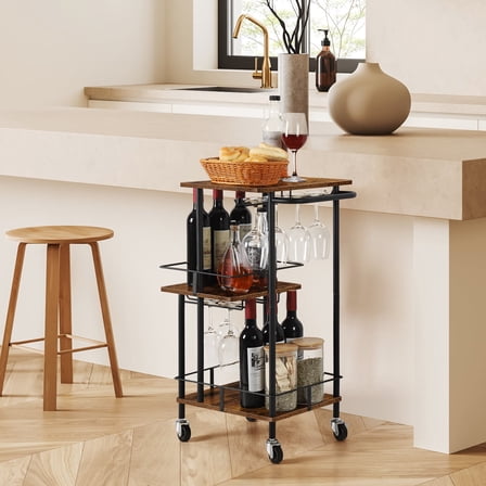 3-Tier Rustic Bar Cart with Wheels – Mobile Drink & Wine Serving Cart with Glass Holder for Kitchen, Living Room, Dining Room