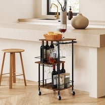 3-Tier Rustic Bar Cart with Wheels – Mobile Drink & Wine Serving Cart with Glass Holder for Kitchen, Living Room, Dining Room