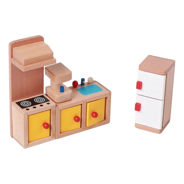 Wooden Miniature Furniture Set Bedroom Kitchen Bathroom Scene Accessories for Toddler Social Skill Pretend Play Game Toy Multicolor