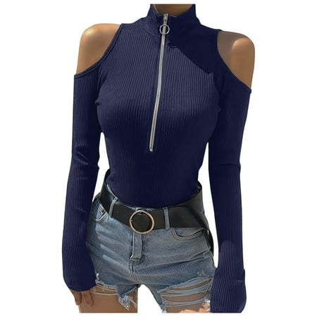 Plus Size T Shirts Women Sexy Neck Long Sleeve Cutout Shoulder Top Bodysuit Turtleneck Clubwear Tshirts Women Navy XL