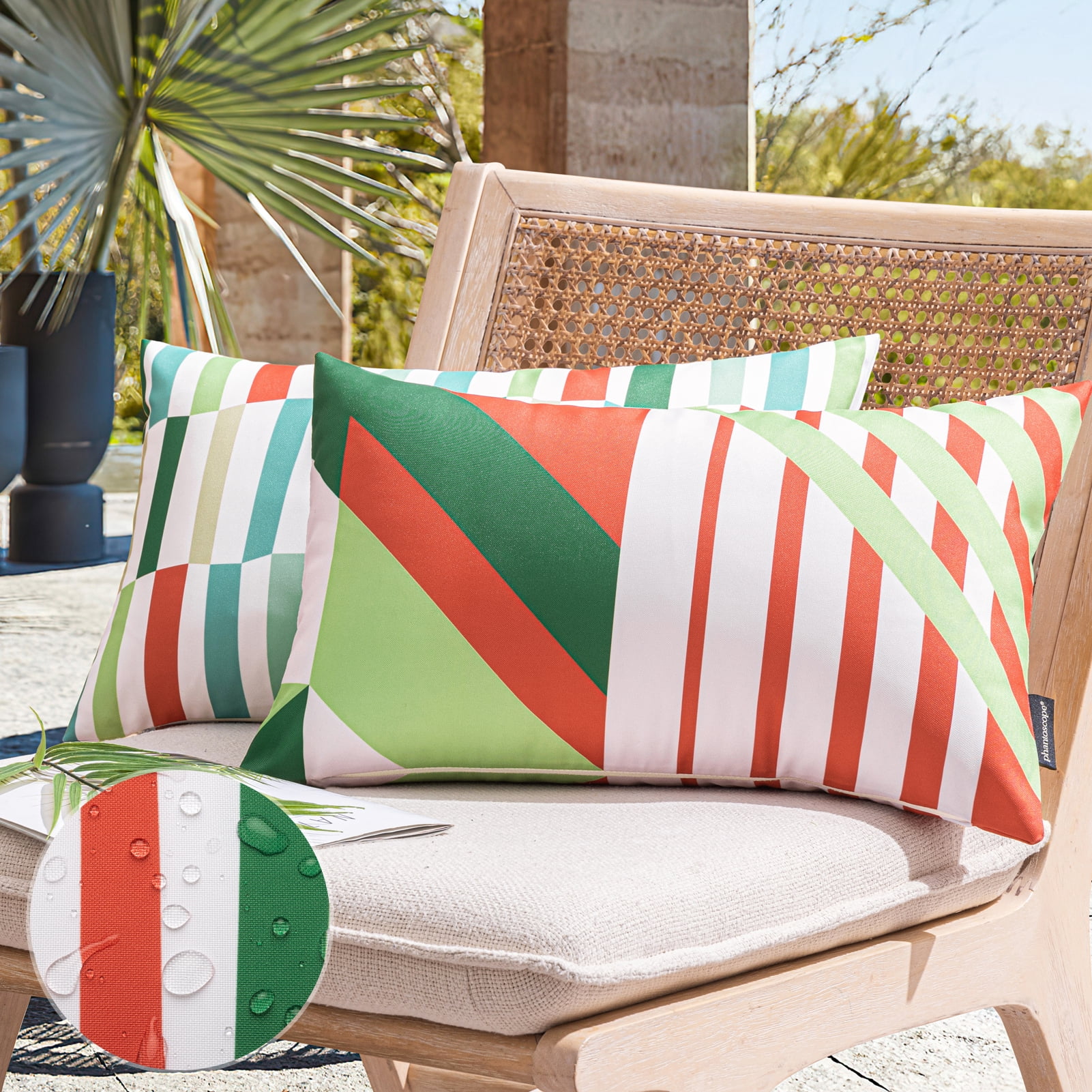 Phantoscope 2 Pack Waterproof Outdoor Decorative Throw Pillow 12x20, Geometric Color Block Patio Cushion Cases for Couch & Tent, Red & Green