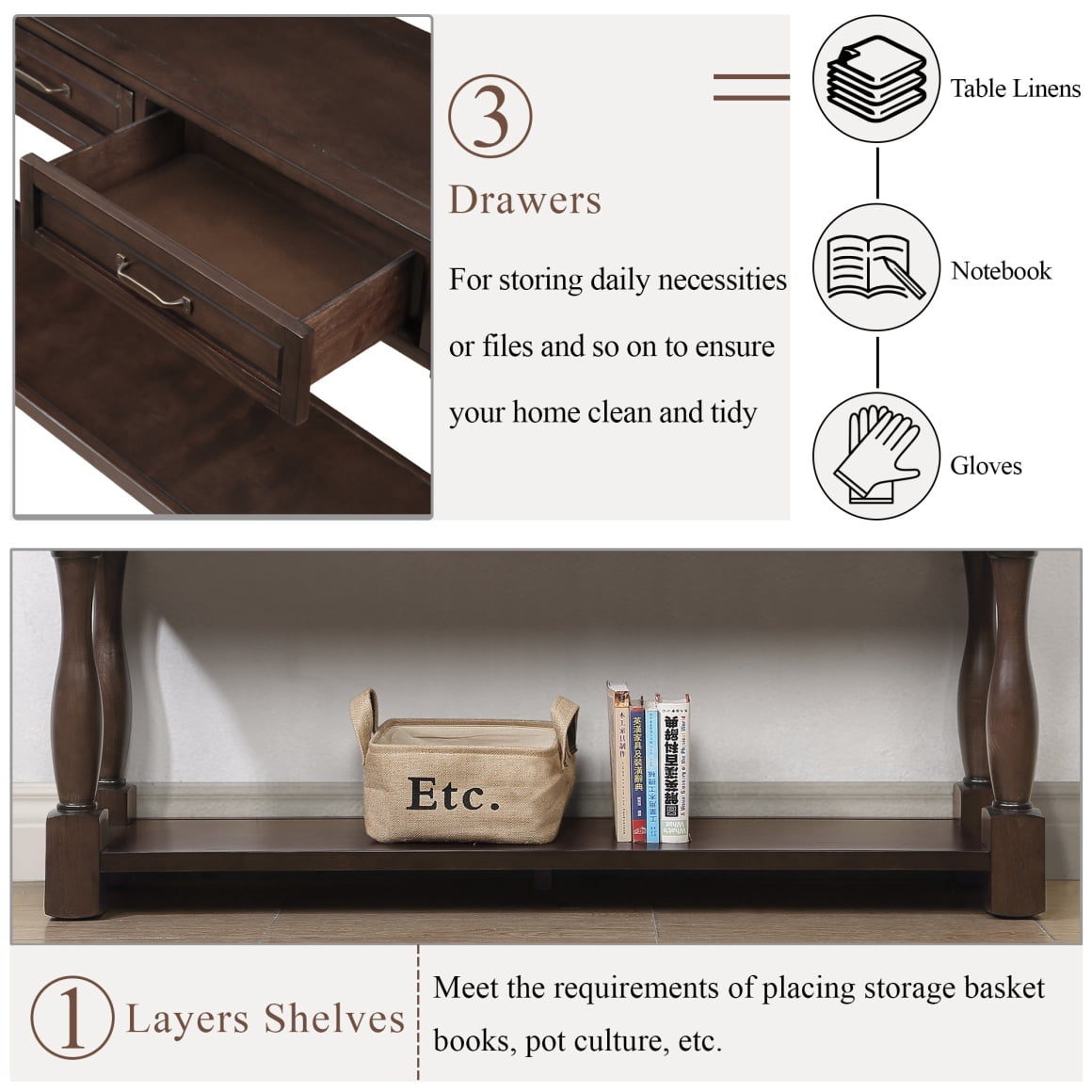 63inch Wood Console Table,Console Table with 3 Drawers and 1 Bottom Shelf for Entryway Hallway Extra-Thick Sofa Table,Espresso