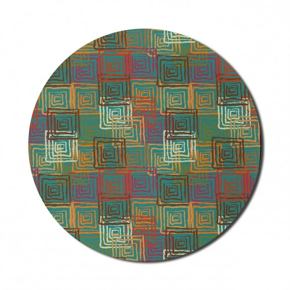 Geometric Mouse Pad for Computers, Abstract Grunge Pattern with Folk Rainbow Ornament Squares Distressed Backdrop, Round Non-Slip Thick Rubber Modern Mousepad, 8" Round, Multicolor, by Ambesonne