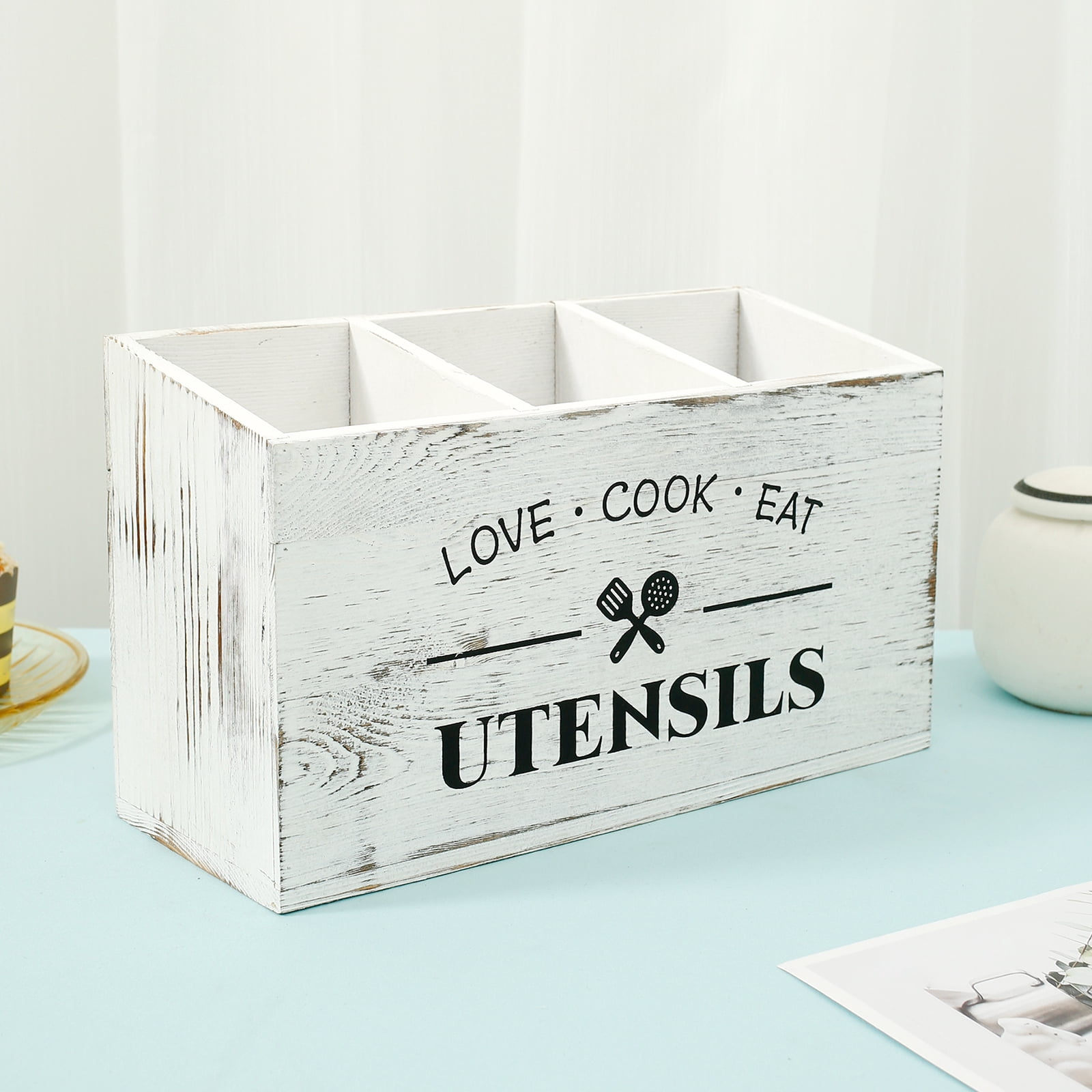 Wooden Kitchen Utensil Holder 3 Compartments Large Kitchen Utensil Caddy Organizer Sturdy Silverware Holder Farmhouse Wood Cooking Utensil Stand for Kitchen Countertop Farmhouse