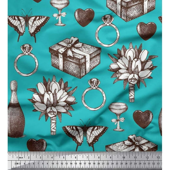 Soimoi Crepe Silk Fabric Gift Box,Flower Bouquet & Ring Women Print Fabric by Yard 42 Inch Wide