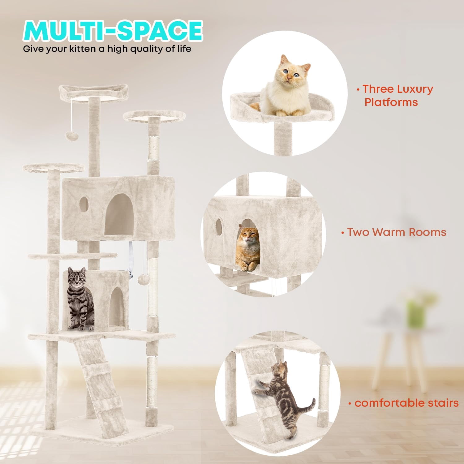 Large Multi-Level Cat Tree, 70 Inches Tall with Sisal-Covered Scratching Posts, Condo, Dangling Ball, and Extended Platform for Cats to Play and Sleep, Ashy