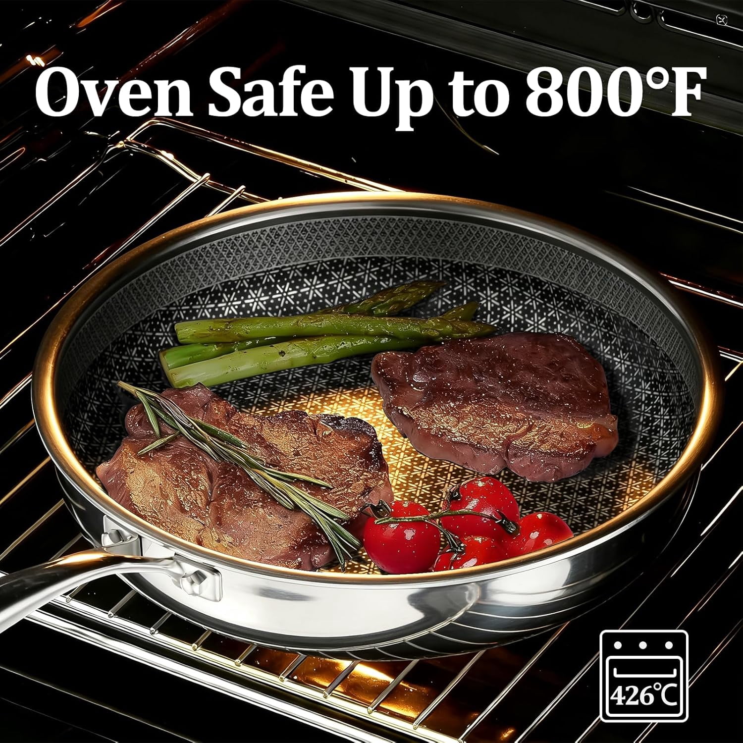 12-Inch Hybrid Non Stick Frying Pan with Tempered Glass Lid, 5-Ply Induction Cookware, Stainless Steel Dishwasher Safe Oven Up to 800F
