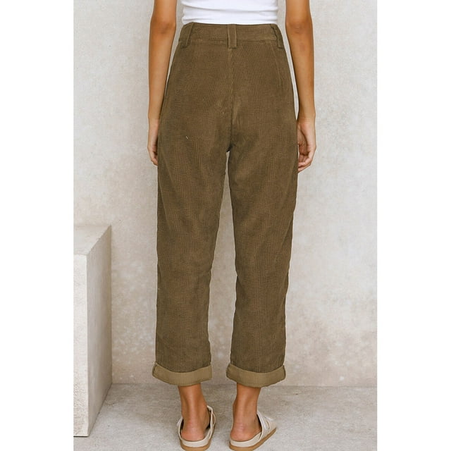 Corduroy Pants, Side Pockets Straight Leg Trousers Breathable Comfortable For Woman For Holiday Brown S