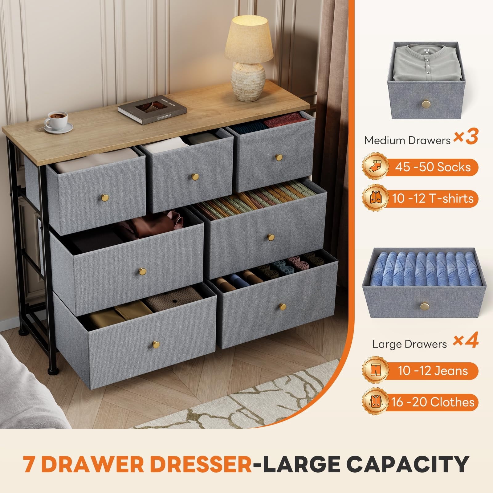 Telyra 7-Drawer Fabric Dresser TV Stand Organizer with Wood Top and Metal Frame Wide Storage Chest, Greyish Blue