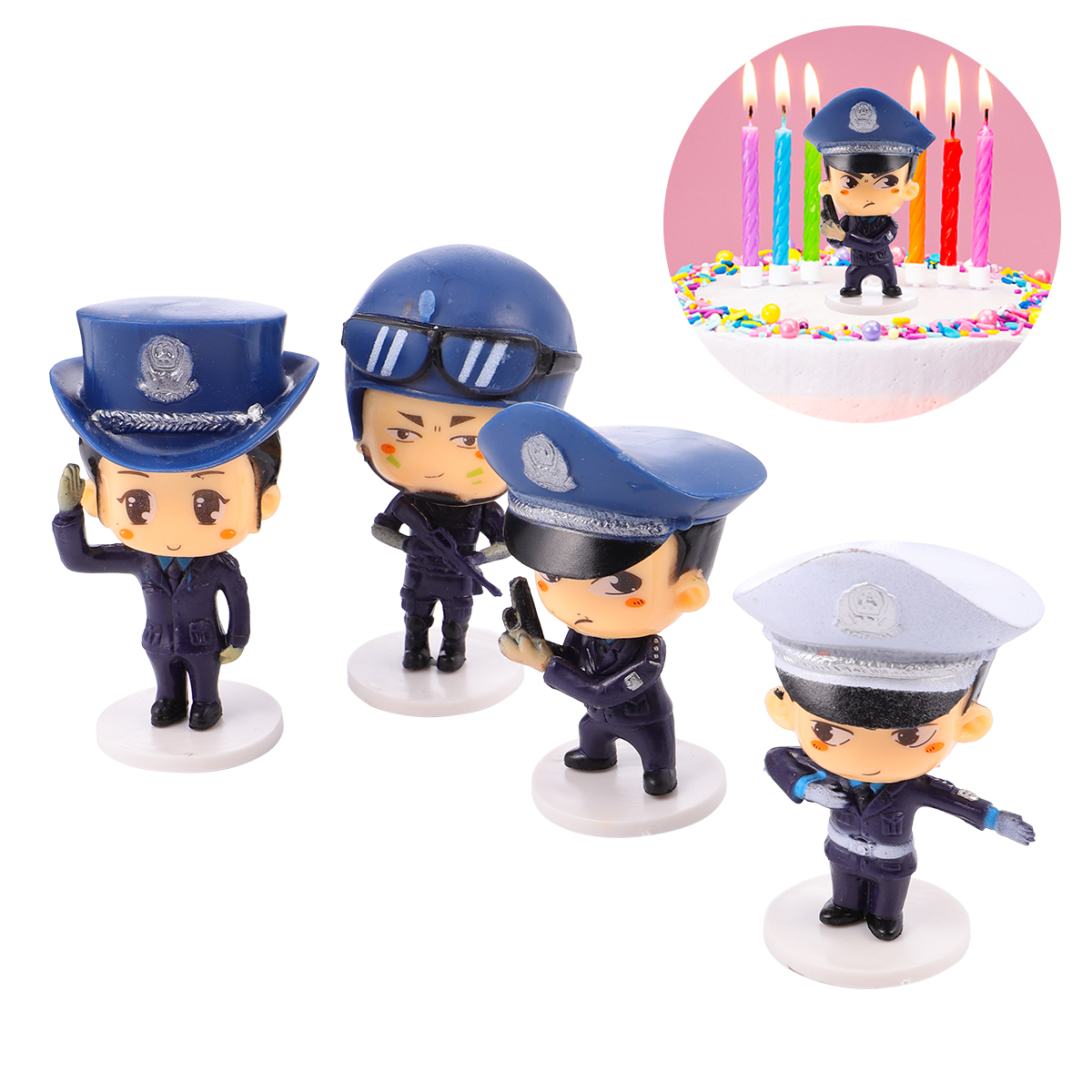 Figurines Police Cartoon Lot De 4 - Décoration Pour Gâteau, Fête D'enfant - En Caoutchouc, Taille 9x5x5 Cm