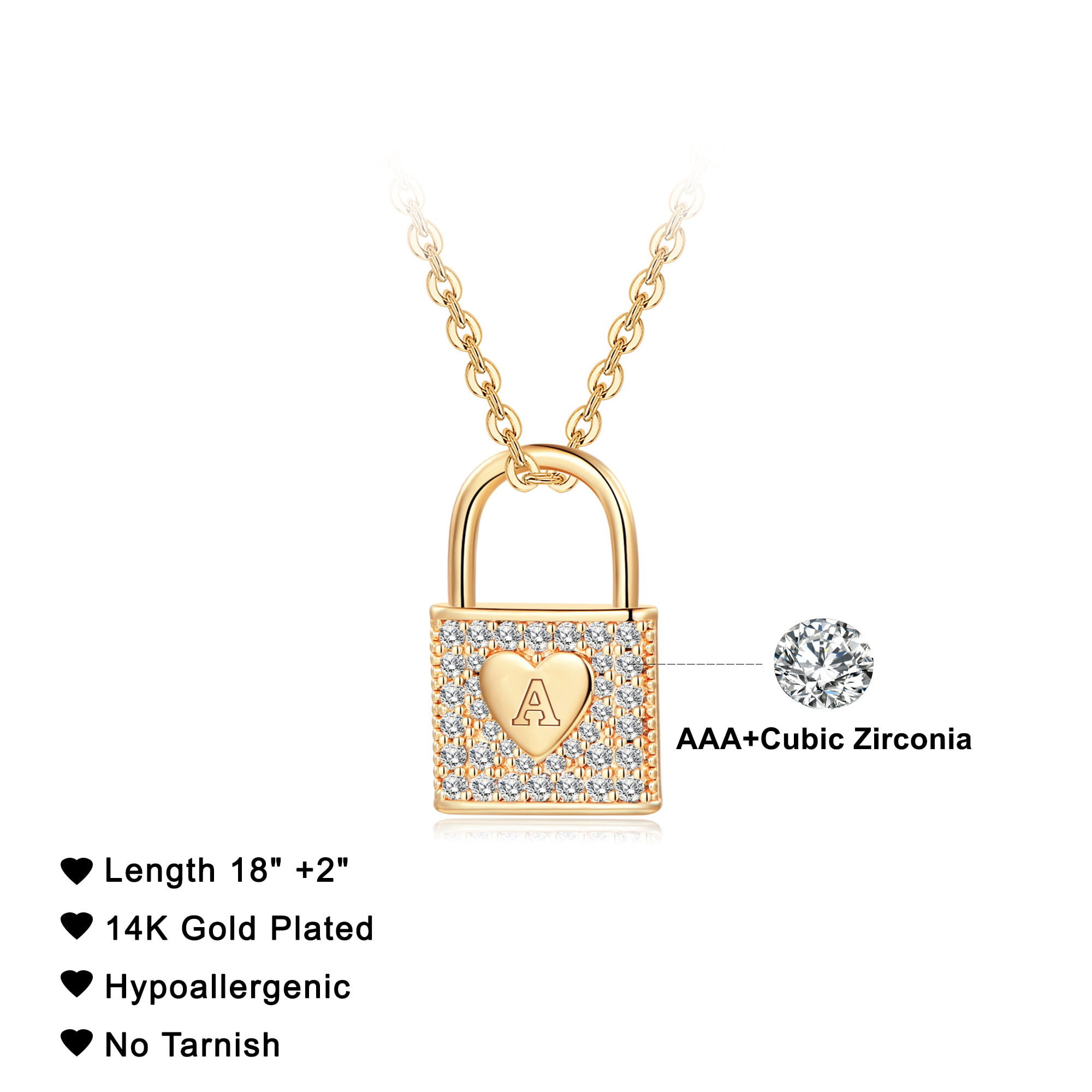 IEFSHINY Lock Necklace for Women 14K Gold Plated Cubic Zirconia