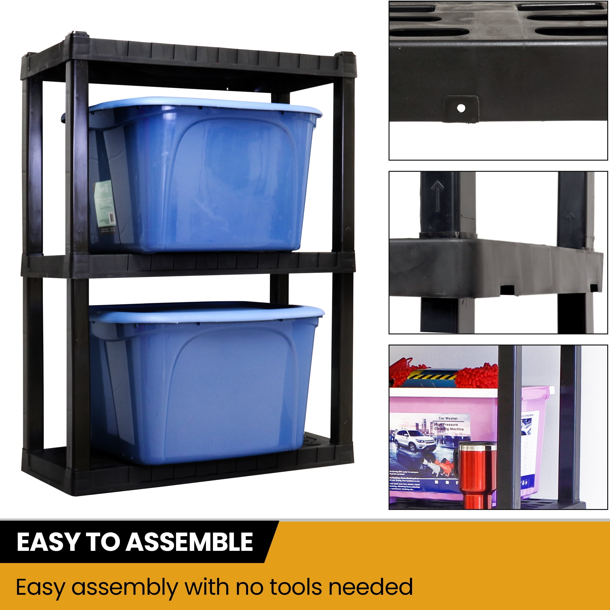 Hyper Tough plastic Storage Shelves Garage Shelving Unit 3-Tier 39"H x 30"W x 14"D, Black 300 lb Capacity