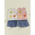 thumbnail image 3 of Loicainy Toddler Baby Girl Summer Outfit 6 12 18 24 Months 2T 3T 4T Decorative Flower Crew Neck Sleeveless Tops and Denim Shorts 2 Pcs Clothes Set, 3 of 9