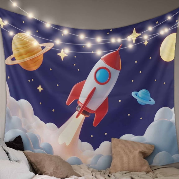 Cartoon Rocket Tapestry for Bedroom Wall Hanging Tapestry, Funny Space Planet Blue Starry Sky Cloudy Ceiling Backdrop Tapestries Poster Blanket Wall Decor for Teens Room Living Room Dorm 51" x 59"