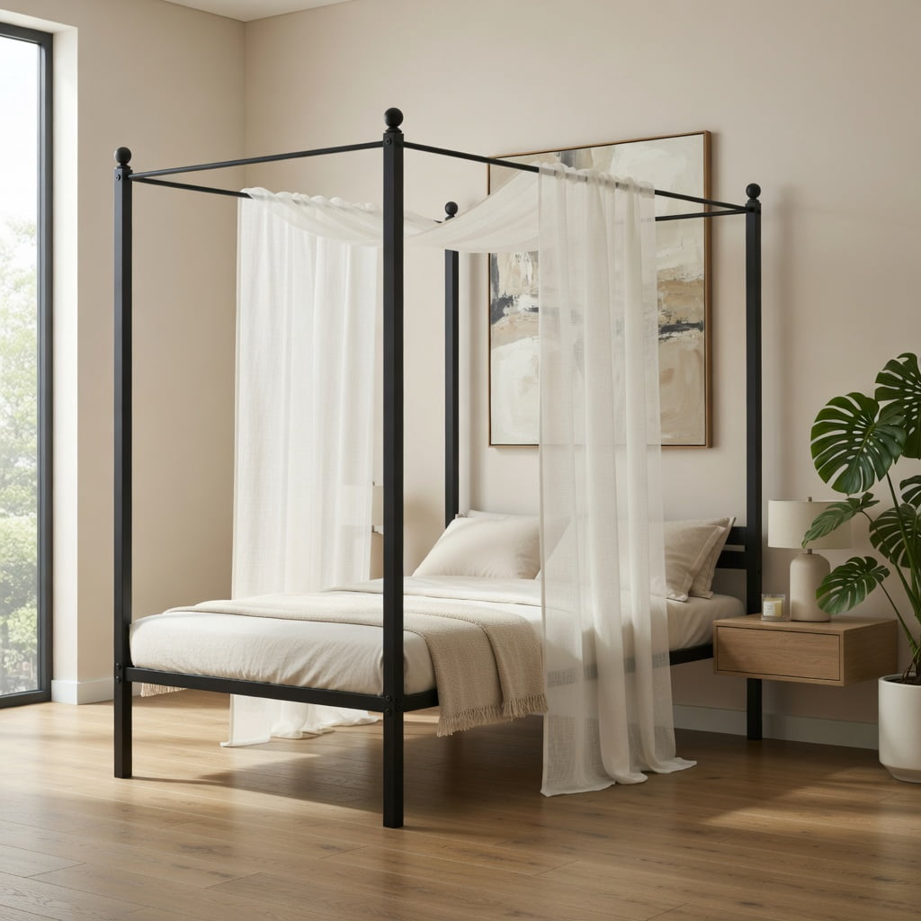 Demi Bonn Twin Size Canopy Metal Platform Bed Frame with Under Bed Storage, Steel Slat Support, No Box Spring Needed, Black