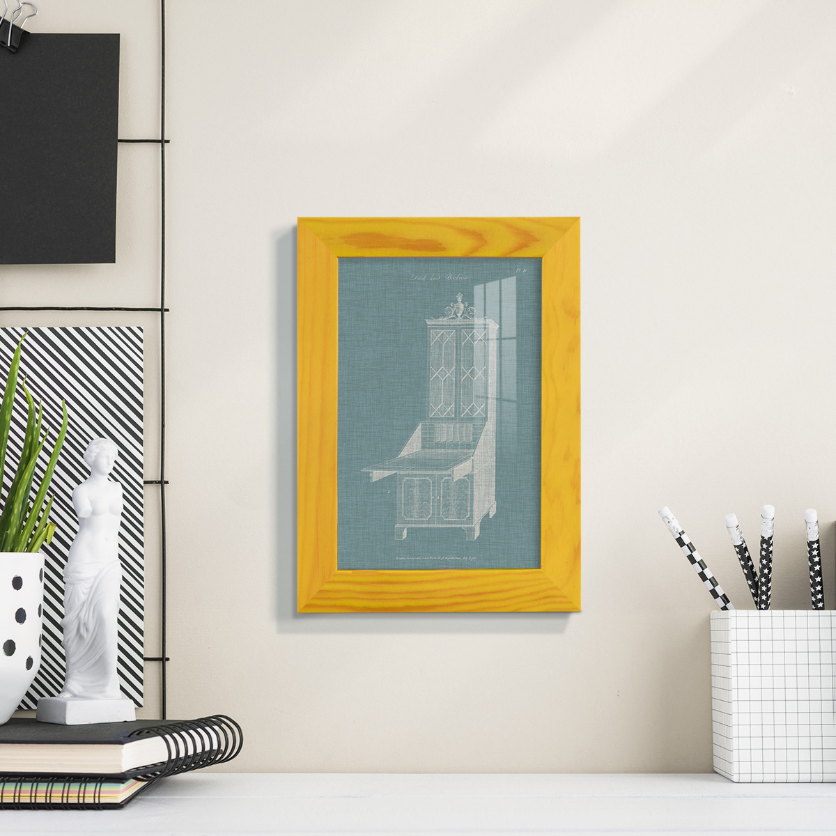 Hepplewhite Desk & Bookcase IV - Framed Print w/glass - Sunflower Yellow