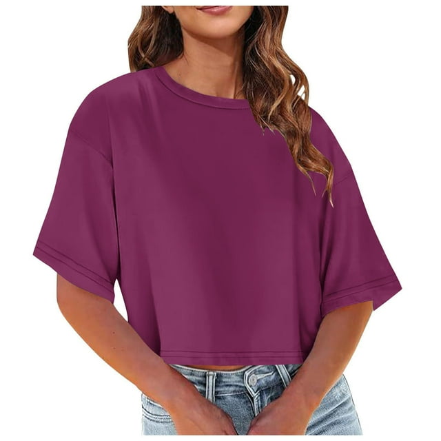 Plebaso T-Shirts Courts pour Femmes Manches Courtes Col Rond T-Shirts Couleur Unie Décontractés Tops Basiques Amples
