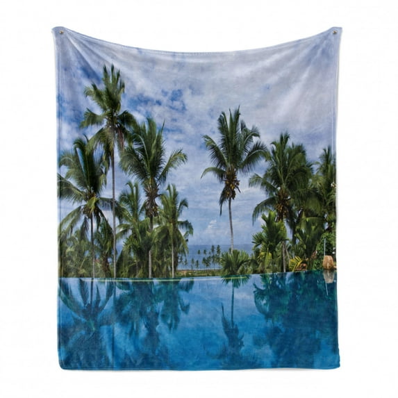Landscape Soft Flannel Fleece Blanket, Infinity Pool with Palms Reflections and Crystal Water Tropic Resort Photo, Cozy Plush for Indoor and Outdoor Use, 70" x 90", Blue Green White, by Ambesonne