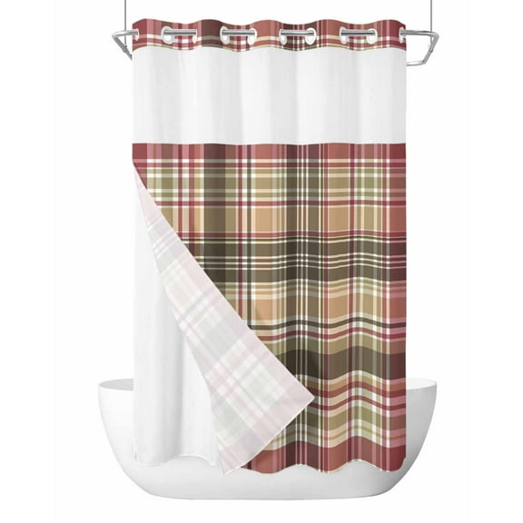 No Hook Cloth Fabric Shower Curtain with Snap in Liner, Buffalo Plaid Waterproof Shower Curtains Set with See Through Top Window, Modern Farmhouse Colorful Checkered Bath Curtains Shower 54"x78"