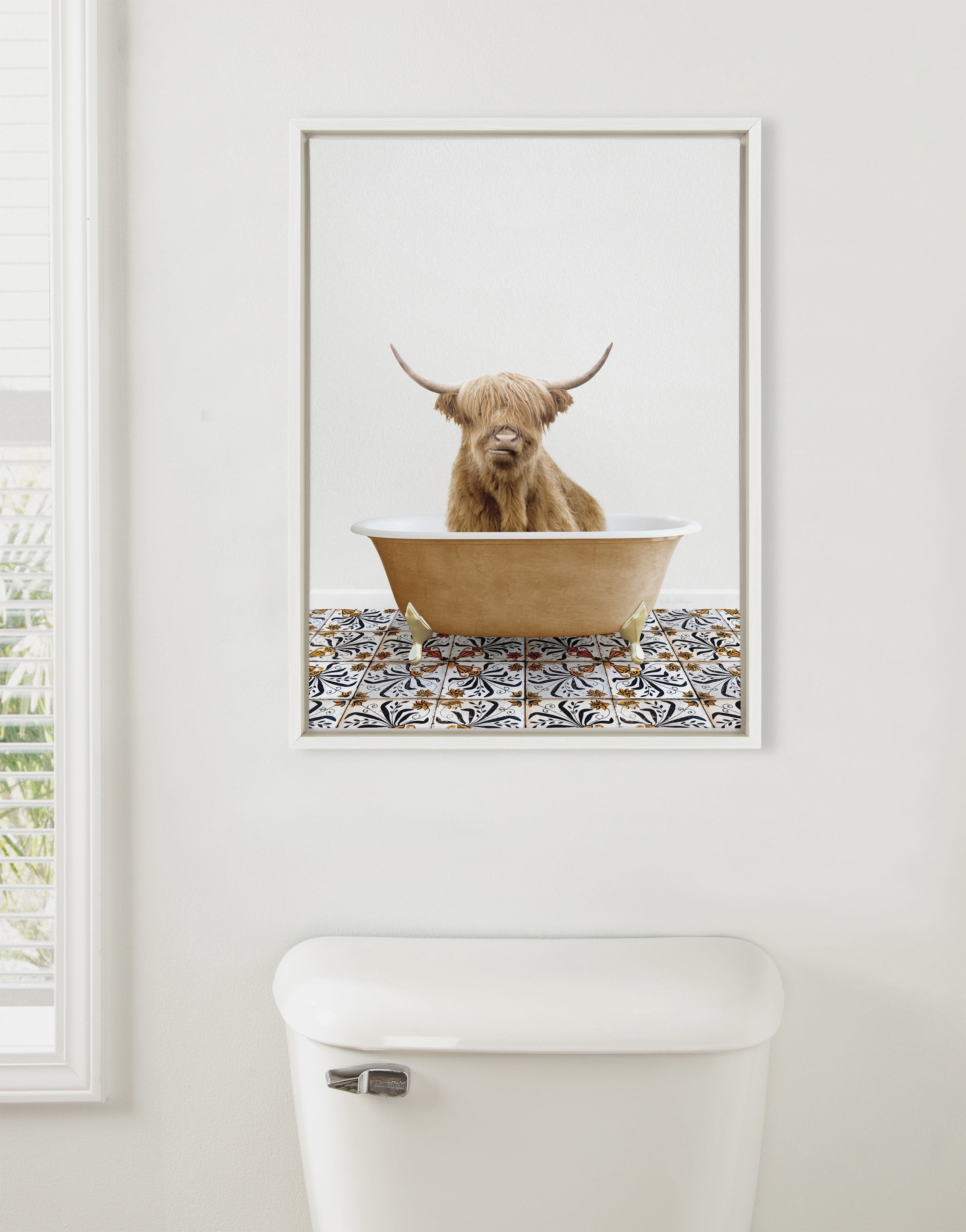 Kate and Laurel Sylvie Highland Cow In Mediterranean Bath Framed Canvas Wall Art by Amy Peterson Art Studio, 18x24 White, Whimsical Animal Art for Wall