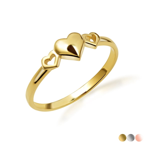 Solid Gold Triple Heart 10K Love Ring /Ring, Size 4