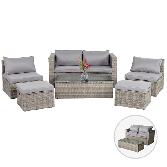 6 Pieces Outdoor PE Rattan Furniture Set, Patio Conversation Sofa Set with Tempered Glass Coffee Table & Gray Cushions