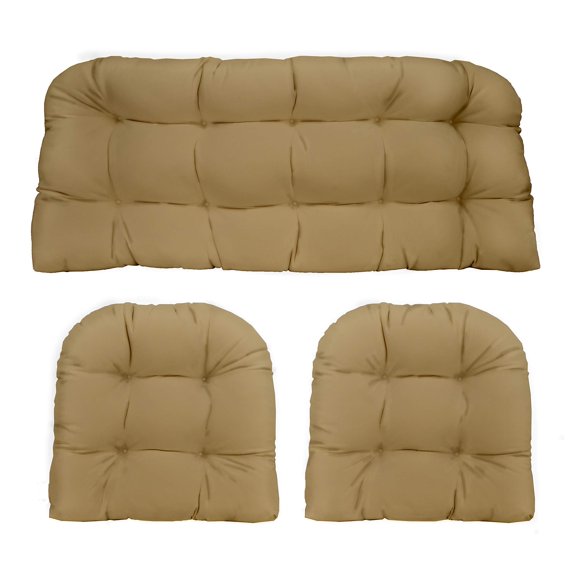 RSH Decor Indoor Outdoor 3 Piece Tufted Wicker Settee Cushions 1 Loveseat & 2 U-Shape Weather Resistant - Choose Color (Khaki Tan, 2- 19"x19" 1- 41"x19"), 3 Piece Set