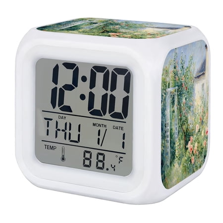 Farmhouse Country Digital Alarm Clock for Bedrooms,Smart LED Alarm Clock with 7 Color Changing Night Light,Spring Summer Oil Painting Garden Flowers Silent Wake Up Clocks for Sleep Study 3.2x3.2
