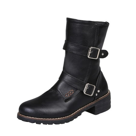 

Boots Clearance Hvyes Women Boots Winter Buckle Strap Chunky Heels Slip On Retro Ladies Footwear Shoes