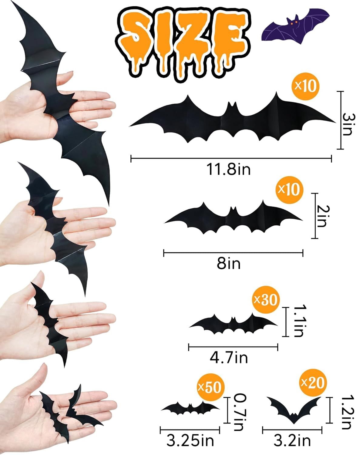 120 PCS 3D Halloween Bat Decorations, 5 Sizes PVC Wall Stickers with Double Sided Adhesive, Waterproof Spooky Bat Decals for Indoor Outdoor Halloween Party Window Door Wall Decor