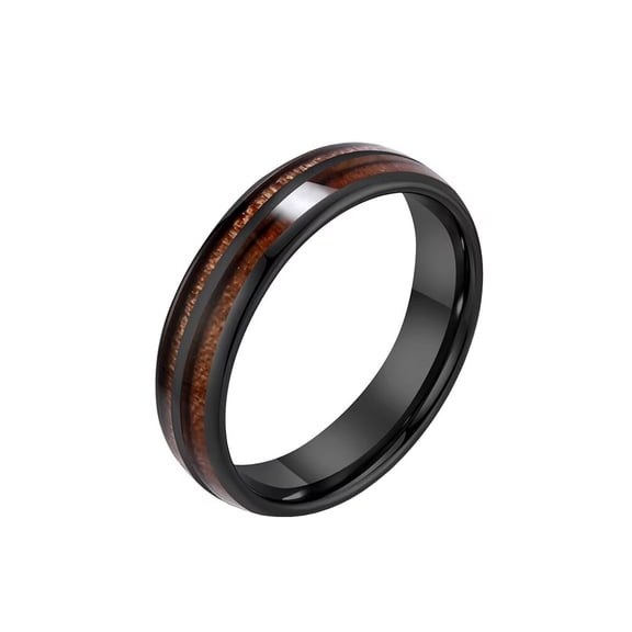 PAMTIER Men's Personality Vintage Cool 6MM Double Groove Hawaiian Koa Wood Grain Inlay Dome Tungsten Carbide Wedding Ring Black Size 6