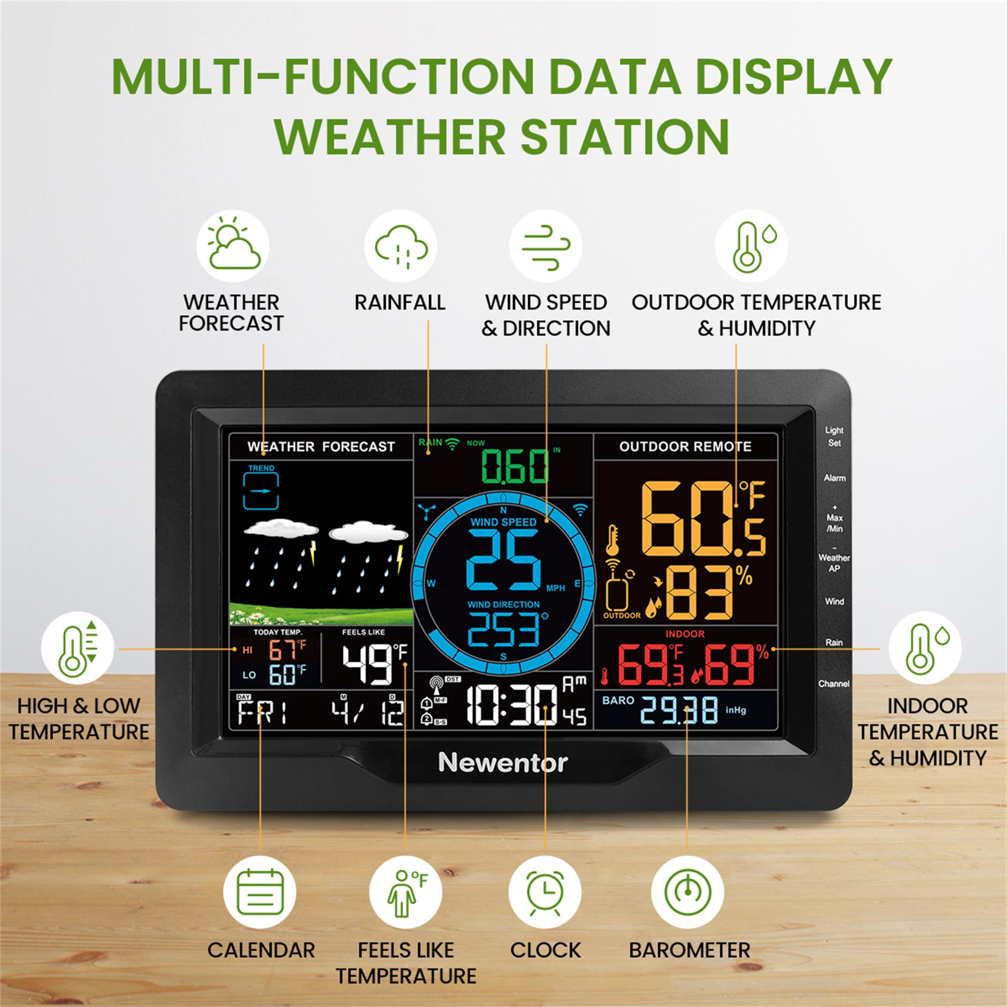 Newentor Weather Station with Solar Powered Outdoor Sensor, 6-in-1 Weather Station with Color Display for Temperature Humidity, Rain Gauge, Wind Speed, Weather Forecast (No Wifi)