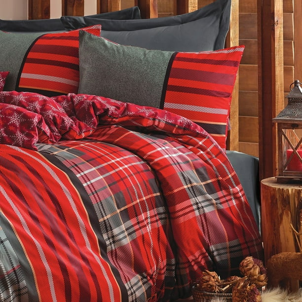 SUSSEXHOME Christmas Carol Stars 100 Cotton Duvet Cover Set Red, Queen