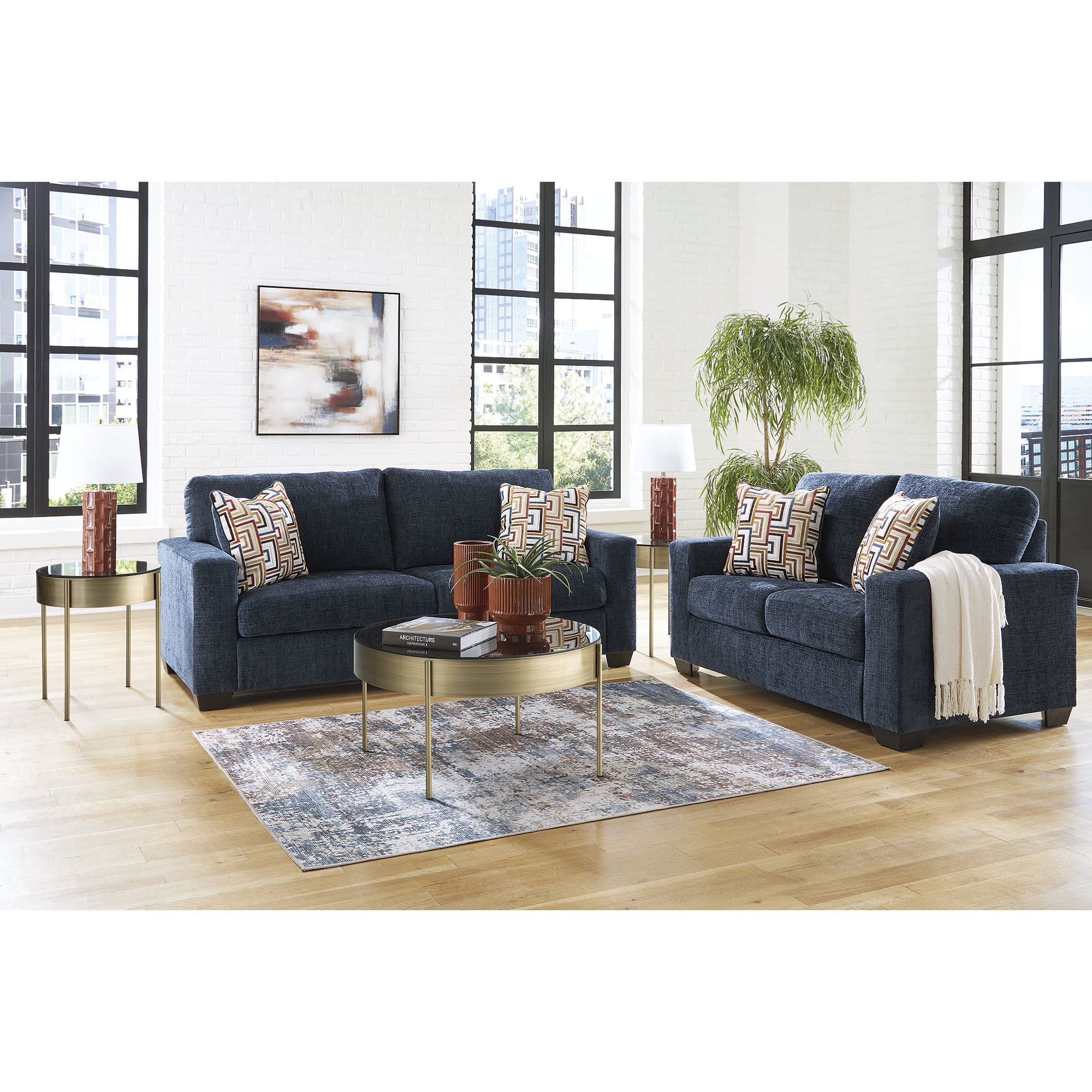 Signature Design by Ashley Jettaya 3-Piece Glass Coffee Table Set with End Tables - Brushed Brass Finish