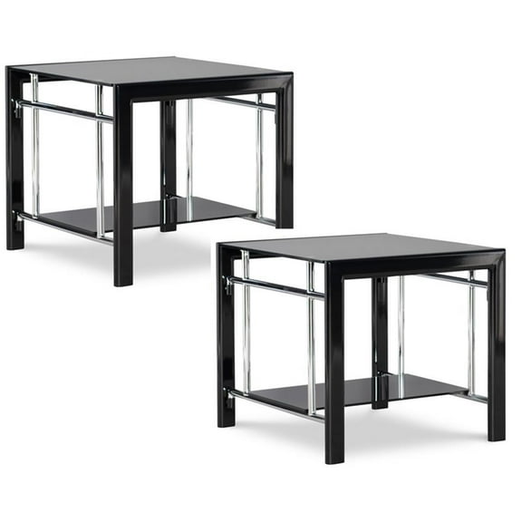 Linon Dart End Table (Set of 2) Top & Bottom Glass Shelves in Glossy Black Steel