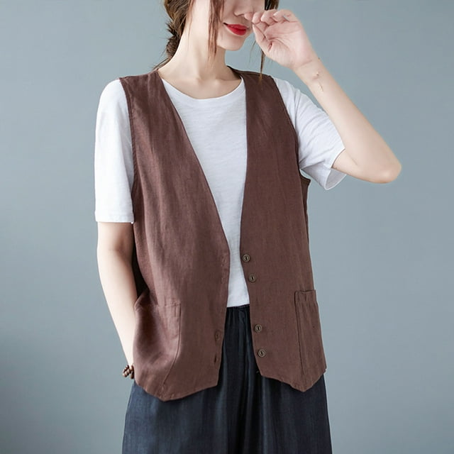 LOVZFMLL Vestes pour Femmes Mode Femmes Décontracté Cardigan Sans Manches Veste Col en V Ample Blouse en Coton et Lin Hauts