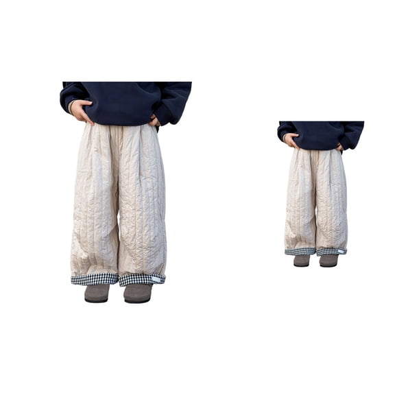 Boys Girls Plaid Lined Winter Pants, Thickened Warm Loose Fit Long Trousers with Elastic Waistband, Gingham Cuffs, Wide Leg, Pockets – Fashionable Hem Outdoor Snow Pants