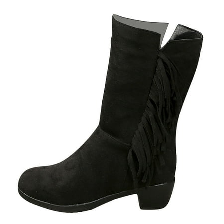 

DVKOVI Cute Boots Cowboy Boots for Women Mid Calf Ladies Fashion Retro Solid Suede Tassel Zipper Thick Heel Mid with Boots Block Heel Boots Black 37