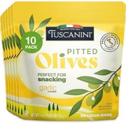 Tuscanini Italian Garlic Flavor Snack Olives, 1 oz (10 Pack) Pitted Olive Pouches for Snacking|No Oil|Gluten Free, Vegan|For Travel, Picnics and Office Snacks|Kosher