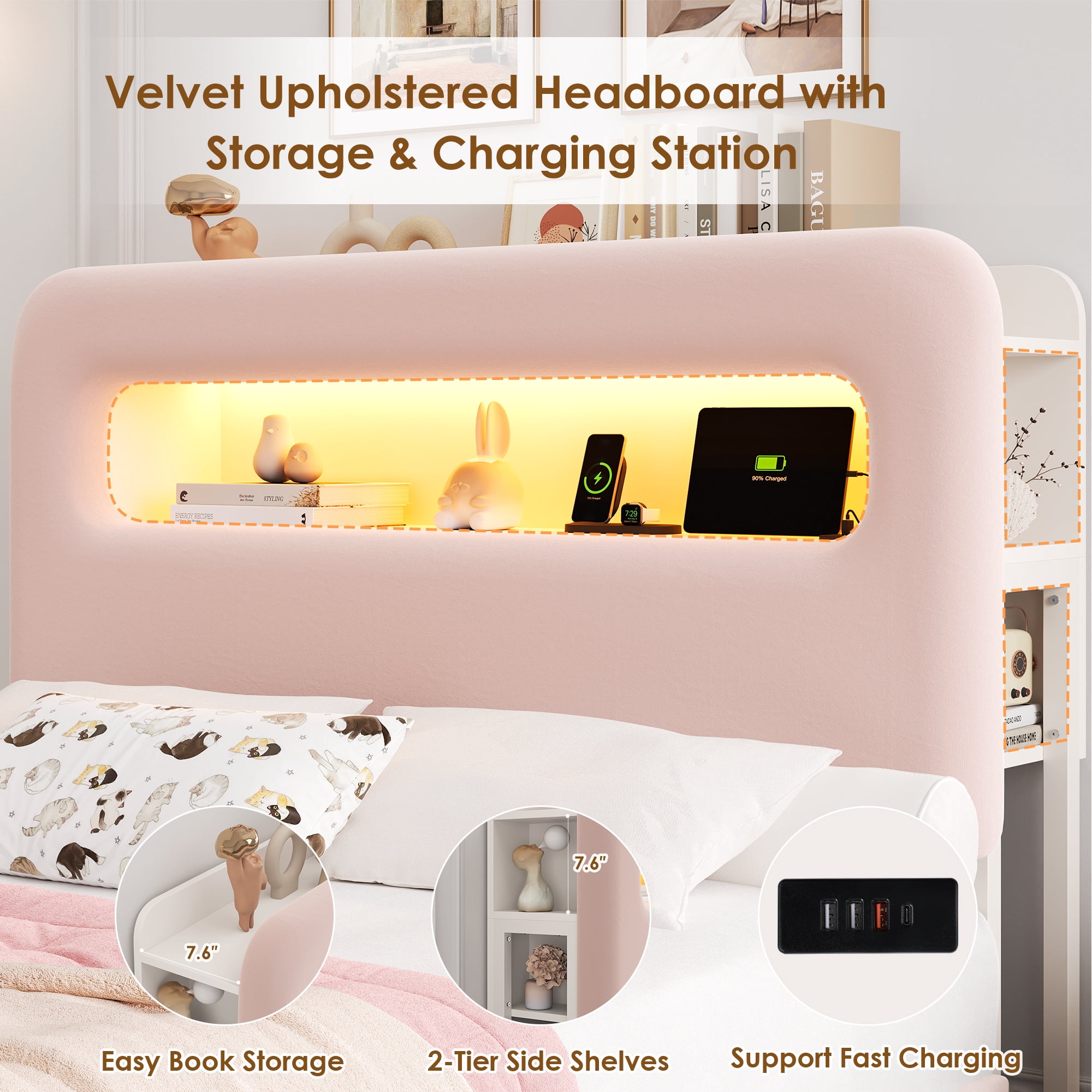Homfa Full Size Velvet Upholstered Bed with LED Lights & 2 Drawers, Storage Headboard Platform Bed Frame with USB Ports & Outlets, Pink