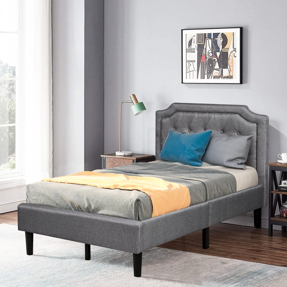 Modern Upholstered Platform Twin Bed Frame, Heavy Duty Twin Bed Frame with Headboard, Gray Twin